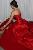 Princess A Line Strapless Red Long Party Dress with Ruffles Vestidos De Dia HZ0311