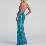 Classy Tiffany Blue Sequins Dress Formal Mermaid Prom Outfit Weddings Long Party Dresses HZ0311