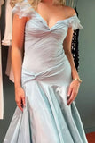 Elegant Mermaid Off The Shoulder Blue Chiffon Long Prom Dresses Evening Gowns Vestidos De Dia HZ0311