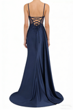 Spaghetti Strap Satin Prom Dresses Long Mermaid Lace Formal Gowns Corset Evening Party Dresses with Slit HZ0311