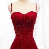 Straps Dark Red Beaded Sweetheart Long Formal Dress, Junior Prom Dress HZ0311
