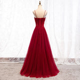 Straps Dark Red Beaded Sweetheart Long Formal Dress, Junior Prom Dress HZ0311