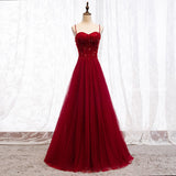 Straps Dark Red Beaded Sweetheart Long Formal Dress, Junior Prom Dress HZ0311