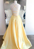 Unique A line Spaghetti Straps Pale Yellow Satin Long Prom Dresses Formal Gown Inspo Evening Outfit HZ0311