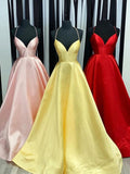 Unique A line Spaghetti Straps Pale Yellow Satin Long Prom Dresses Formal Gown Inspo Evening Outfit HZ0311