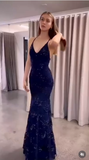 Sparkly Mermaid Halter Navy Blue Lace Long Formal Gowns Prom Dresses Sequins Evening Dress HZ0311