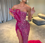 Classy Elegant Mermaid Strapless Marine Ball Dresses Long Dinner Formal Gowns Hot Pink Sequin With Leg Slit Prom Dresses Evening Outfit HZ0311