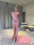 Classy Elegant Mermaid Strapless Marine Ball Dresses Long Dinner Formal Gowns Hot Pink Sequin With Leg Slit Prom Dresses Evening Outfit HZ0311