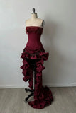 Modest High Low Strapless Burgundy Satin Prom Dresses With Beads Evening Party Formal Gown 18th Birthday Gowns HZ0311