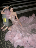 New Mermaid One Shoulder Pink Layered Prom Dress Aesthetic Long Graduation Evening Outfits HZ0311