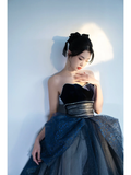Unique Ball Gown Strapless Navy Blue Tulle With Pleated Long Quinceanera Dresses Sweet 15 16 Birthday Gown HZ0311