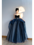 Unique Ball Gown Strapless Navy Blue Tulle With Pleated Long Quinceanera Dresses Sweet 15 16 Birthday Gown HZ0311