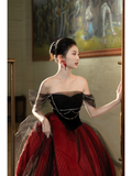 Unique Ball Gown Off The Shoulder Red Black Tulle With Pleated Long Quinceanera Dresses Sweet 15 16 Birthday Gown HZ0311