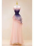 Cute A Line Strapless Tulle Pink Ombra Grape Long Prom Dresses Impress 19th Birthday Outfits Prom Gown HZ0311