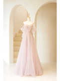 Cute A Line Off The Shoulder Blush Pink Tulle Long Prom Dresses Impress 18th Birthday Outfits Prom Gown HZ0311