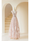Cute A Line V Neck Pink Tulle Lace Long Prom Dresses Impress 18th Birthday Outfits Prom Gown HZ0311