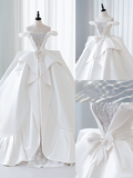 Simple Ball Gown Off The Shoulder Satin Lace White Fit And Flare Long Floor Length Pleats Wedding Dress HZ0311