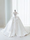 Simple Ball Gown Off The Shoulder Satin Lace White Fit And Flare Long Floor Length Pleats Wedding Dress HZ0311