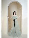 Cute Ball Gown Off The Shoulder Mint Green Tulle Long Prom Dresses Impress 18th Birthday Outfits Prom Gown HZ0311