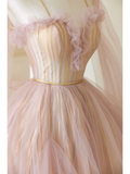 Cute Ball Gown Spaghetti Strap Light Pink Tulle Pleated Long Prom Dresses For Teens Formal Dress Formal Dress Prom Gown HZ0311
