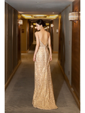 Sexy Mermaid Spaghetti Strap Gold Sequin Slit Pleated Long Prom Dresses For Teens Formal Dress Formal Dress Prom Gown HZ0311