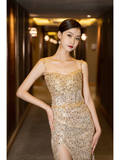 Sexy Mermaid Spaghetti Strap Gold Sequin Slit Pleated Long Prom Dresses For Teens Formal Dress Formal Dress Prom Gown HZ0311