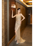 Sexy Mermaid Spaghetti Strap Gold Sequin Slit Pleated Long Prom Dresses For Teens Formal Dress Formal Dress Prom Gown HZ0311