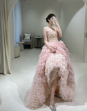 Unique Ball Gown Off The Shoulder Pink Tulle With Layered Long Prom Quinceanera Dresses Sweet 15 16 Birthday Gown HZ0311