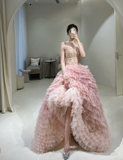 Unique Ball Gown Off The Shoulder Pink Tulle With Layered Long Prom Quinceanera Dresses Sweet 15 16 Birthday Gown HZ0311