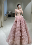 Unique Ball Gown Off The Shoulder Pink Tulle With Layered Long Prom Quinceanera Dresses Sweet 15 16 Birthday Gown HZ0311