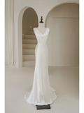 Timeless Mermaid V Neck White Satin Long Bride Dress Summer Simple Classy Wedding Dresses HZ0311