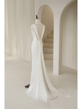 Timeless Mermaid V Neck White Satin Long Bride Dress Summer Simple Classy Wedding Dresses HZ0311