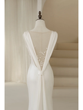 Timeless Mermaid V Neck White Satin Long Bride Dress Summer Simple Classy Wedding Dresses HZ0311
