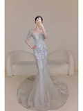 Timeless Women's Silver Wedding Dress With 3/4 Sleeves Beads for Bride Bride Dress V Neck Mermaid HZ0311