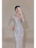 Timeless Women's Silver Wedding Dress With 3/4 Sleeves Beads for Bride Bride Dress V Neck Mermaid HZ0311