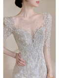 Timeless Women's Silver Wedding Dress With 3/4 Sleeves Beads for Bride Bride Dress V Neck Mermaid HZ0311