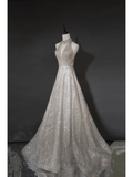 Timeless A line Women's Silver Wedding Dress With Sequin V Neck Bride Dress HZ0311
