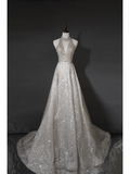 Timeless A line Women's Silver Wedding Dress With Sequin V Neck Bride Dress HZ0311