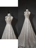 Timeless A line Women's Silver Wedding Dress With Sequin V Neck Bride Dress HZ0311