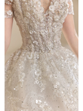 Timeless Wedding Dresses for Bride with Lace Appliques Ball Gown Princess Scoop Tulle Women Dress Short Sleeves Bride Dress HZ0311