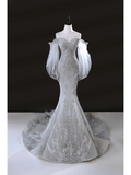 Sparkly Mermaid Off The Shoulder Women's Silver Wedding Dress With Sequin Lace Long Sleeves Bride Dress HZ0311