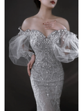 Sparkly Mermaid Off The Shoulder Women's Silver Wedding Dress With Sequin Lace Long Sleeves Bride Dress HZ0311