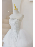 Sparkly Mermaid Strapless Women's Silver Wedding Dress With Sequin Slit Long Bride Dress HZ0311