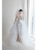 Sparkly Mermaid Strapless Women's Silver Wedding Dress With Sequin Slit Long Bride Dress HZ0311