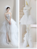 Sparkly Mermaid Strapless Women's Silver Wedding Dress With Sequin Slit Long Bride Dress HZ0311