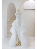 Sparkly Mermaid Strapless Women's Silver Wedding Dress With Sequin Slit Long Bride Dress HZ0311