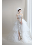 Sparkly Mermaid Strapless Women's Silver Wedding Dress With Sequin Slit Long Bride Dress HZ0311