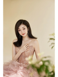 Unique Ball Gown Strapless Pink Tulle With Multi Layered Long Prom Quinceanera Dresses Sweet 15 16 Birthday Gown HZ0311