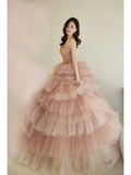 Unique Ball Gown Strapless Pink Tulle With Multi Layered Long Prom Quinceanera Dresses Sweet 15 16 Birthday Gown HZ0311