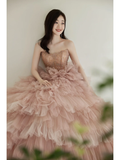 Unique Ball Gown Strapless Pink Tulle With Multi Layered Long Prom Quinceanera Dresses Sweet 15 16 Birthday Gown HZ0311